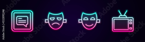 Set line Video with subtitles, Drama theatrical mask, Comedy and Retro tv. Glowing neon icon. Vector