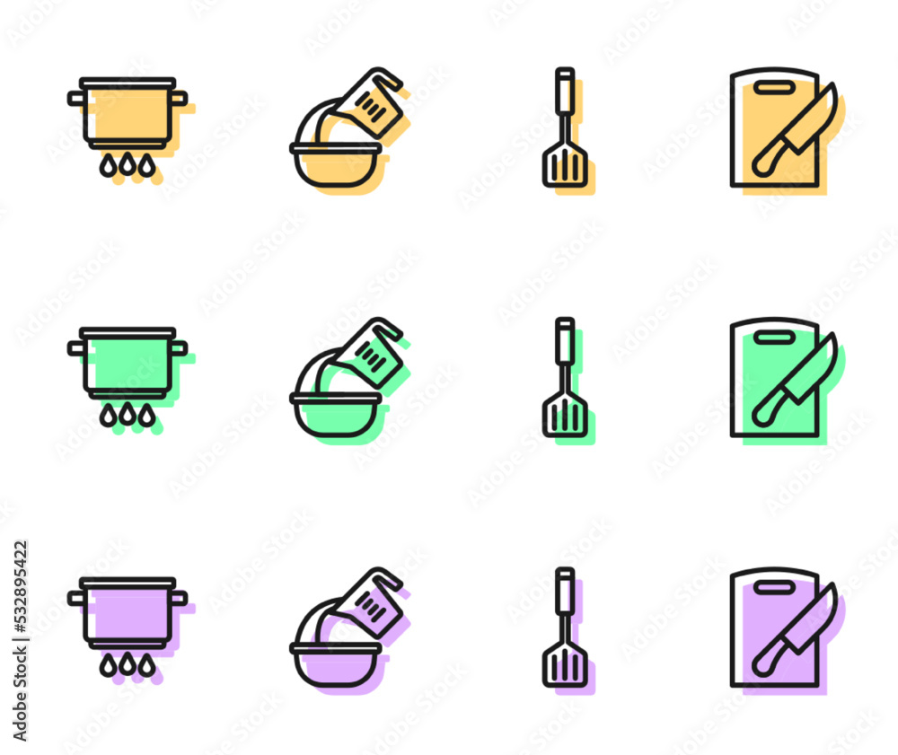 Set line Spatula, Cooking pot on fire, Measuring cup and bowl and Cutting board knife icon. Vector Set line Spatula, Cooking pot on fire, Measuring cup and bowl and Cutting board knife icon. Vector