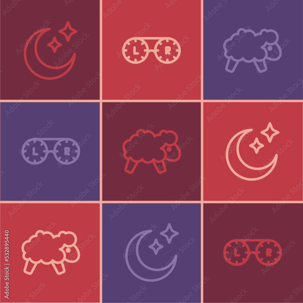 Set line Moon and stars, Sheep and Contact lens container icon. Vector Set line Moon and stars, Sheep and Contact lens container icon. Vector