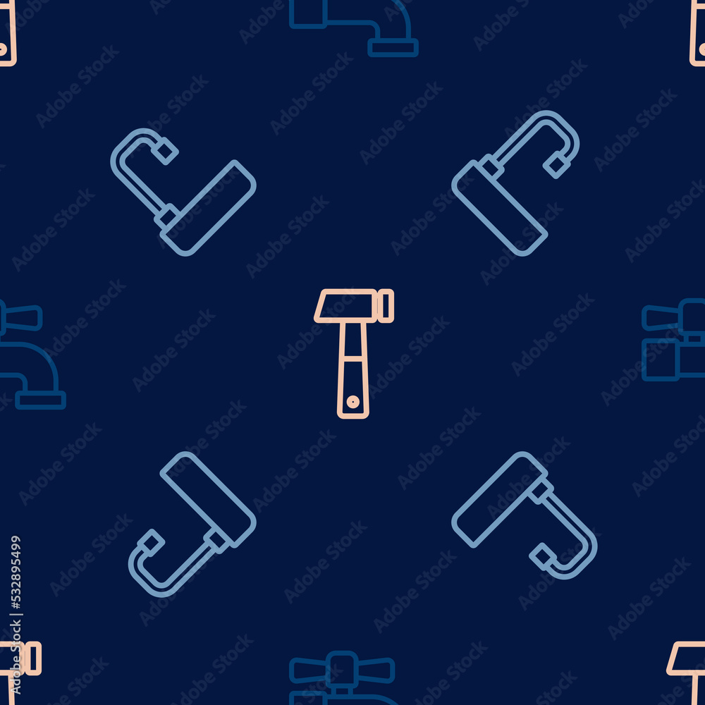 Set line Water tap, Washbasin and Hammer on seamless pattern. Vector Set line Water tap, Washbasin and Hammer on seamless pattern. Vector