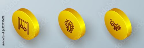 Set Isometric line Gymnastic rings, Ferris wheel and Swing car icon. Vector