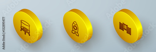 Set Isometric line Jumping trampoline, Rocket ship toy and Swedish wall icon. Vector