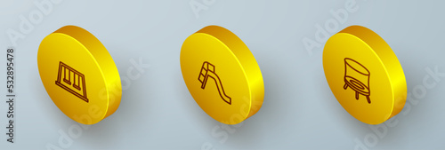 Set Isometric line Swings for kids, Slide playground and Jumping trampoline icon. Vector