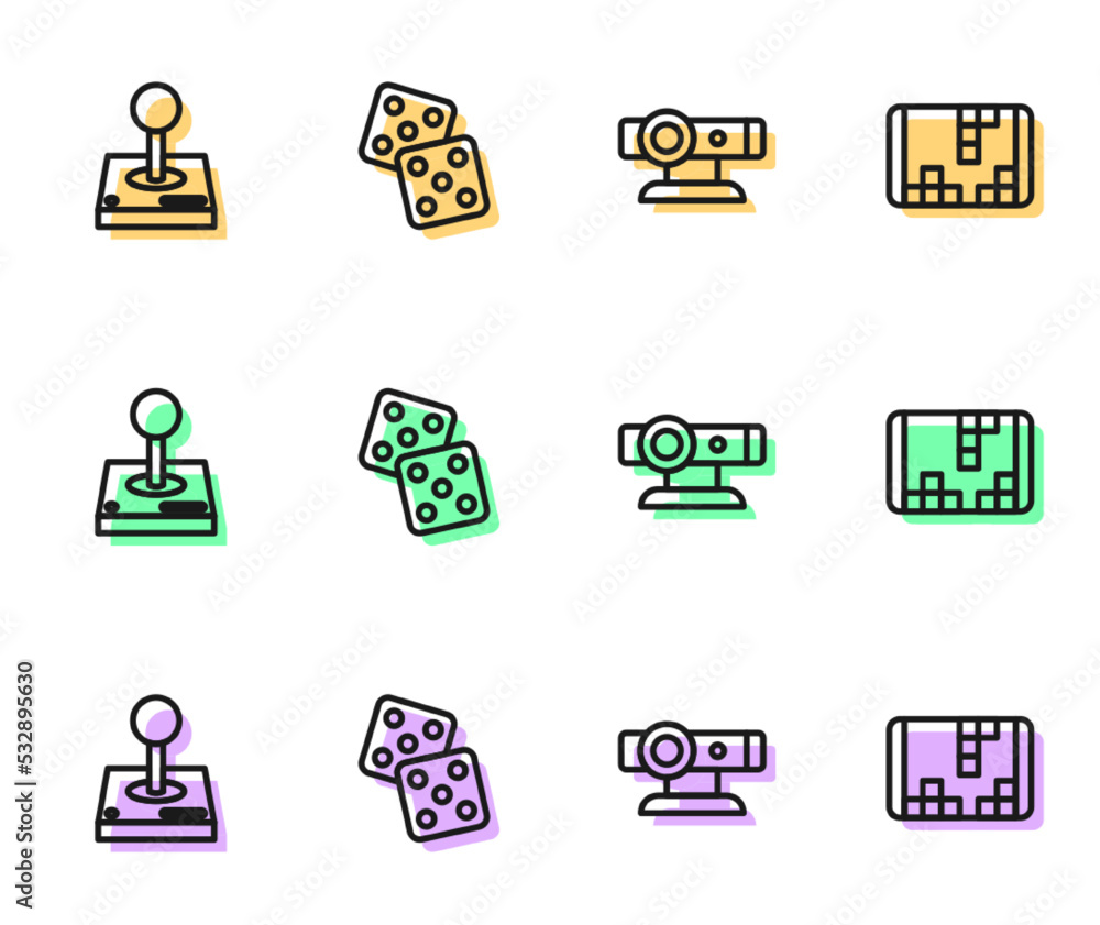 Set line Web camera, Joystick for arcade machine, Game dice and Portable video game console icon. Vector Set line Web camera, Joystick for arcade machine, Game dice and Portable video game console icon. Vector