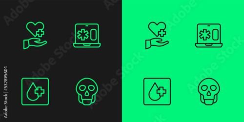 Set line Skull, Blood test, Heart with cross and Clinical record on laptop icon. Vector © Iryna