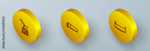 Set Isometric line Wooden axe in stump, Hand saw and Two-handed icon. Vector