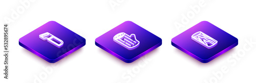 Set Isometric line Hacksaw, Wooden log and icon. Vector