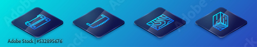 Set Isometric line Wooden beam, box, and Two-handed saw icon. Vector