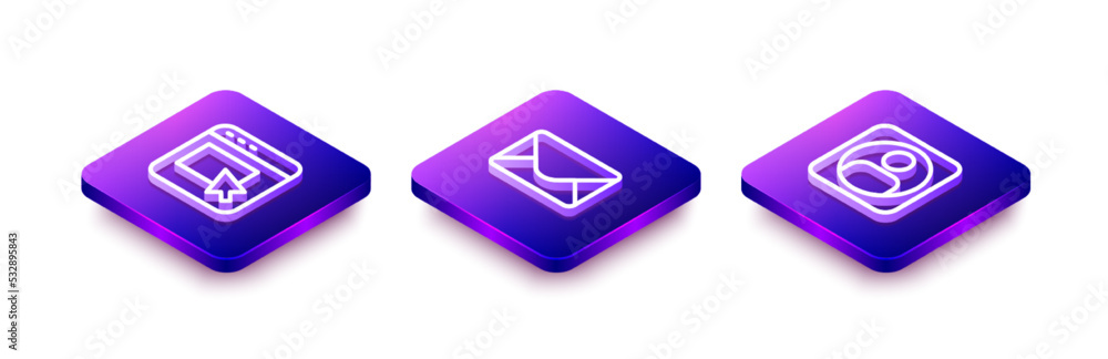 Set Isometric line Advertising, Mail and e-mail and Create account screen icon. Vector Set Isometric line Advertising, Mail and e-mail and Create account screen icon. Vector