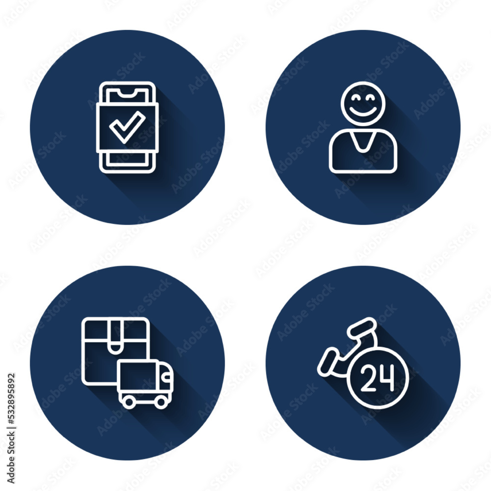 Set line Mobile shopping, Happy customer, Delivery cargo truck and Telephone 24 hours support with long shadow. Blue circle button. Vector Set line Mobile shopping, Happy customer, Delivery cargo truck and Telephone 24 hours support with long shadow. Blue circle button. Vector