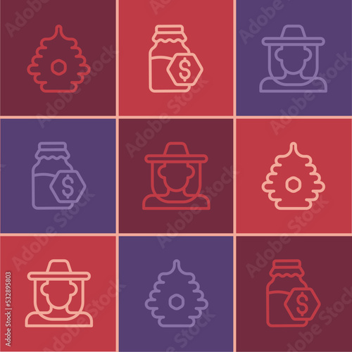 Set line Hive for bees, Beekeeper with protect hat and Sale in jar of honey icon. Vector