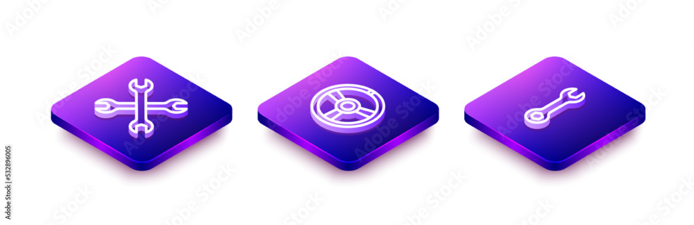 Set Isometric line Wrench spanner, Racing steering wheel and icon. Vector Set Isometric line Wrench spanner, Racing steering wheel and icon. Vector
