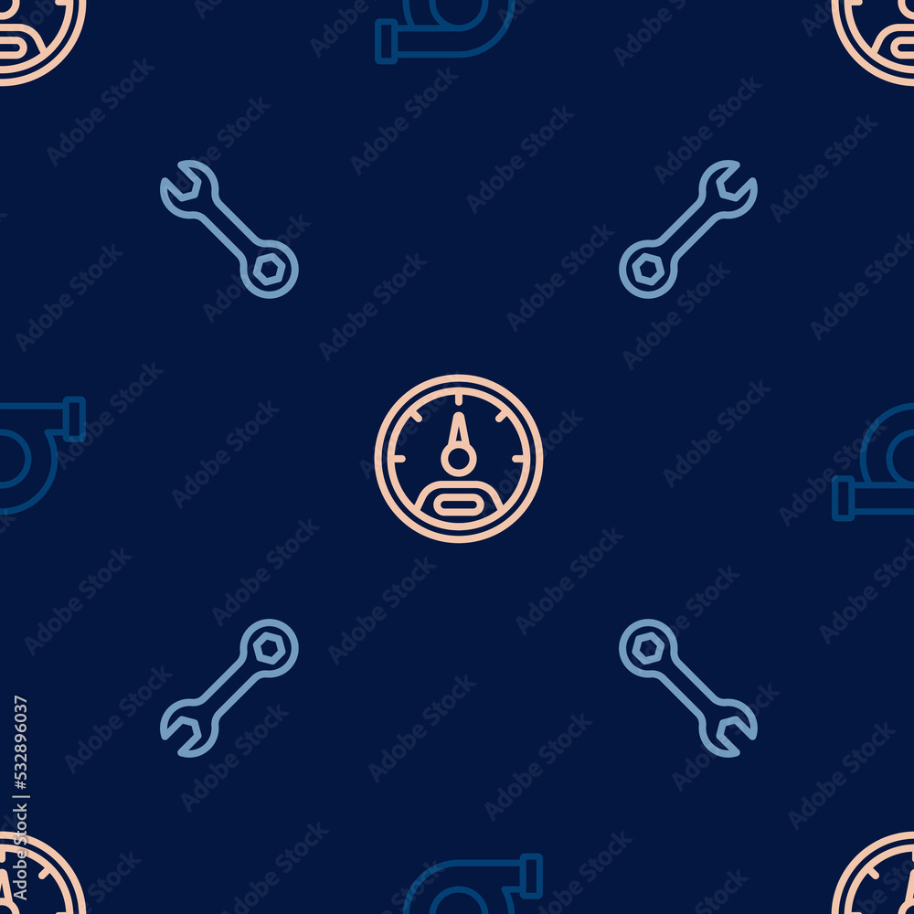 Set line Automotive turbocharger, Wrench spanner and Speedometer on seamless pattern. Vector Set line Automotive turbocharger, Wrench spanner and Speedometer on seamless pattern. Vector