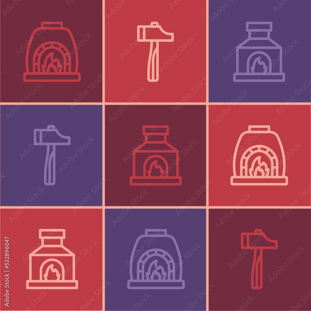Set line Blacksmith oven, and Hammer icon. Vector Set line Blacksmith oven, and Hammer icon. Vector