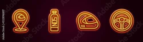 Set line Racing helmet, Nitrous oxide, and steering wheel. Glowing neon icon. Vector