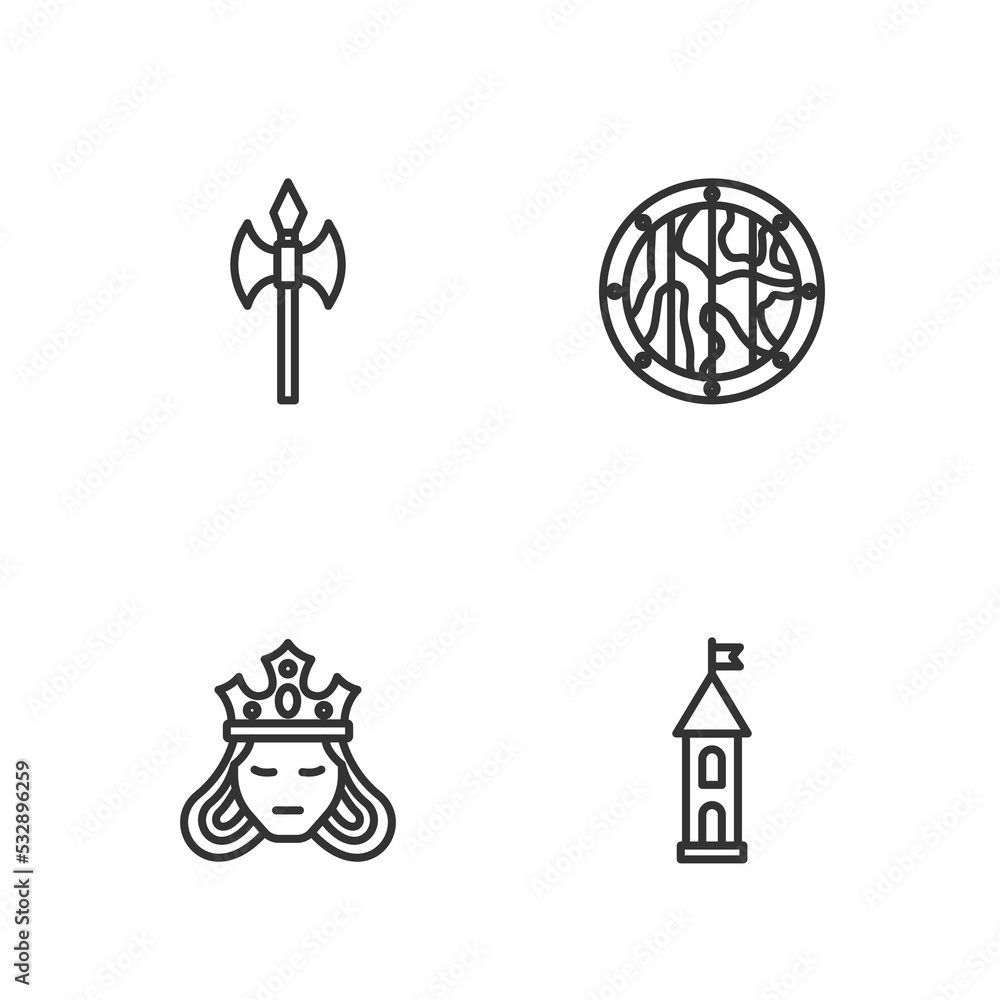 Set line Castle tower, Princess or queen, Medieval axe and Round wooden shield icon. Vector Set line Castle tower, Princess or queen, Medieval axe and Round wooden shield icon. Vector