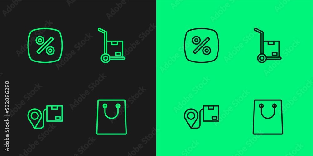 Set line Paper shopping bag, Location with cardboard box, Discount percent tag and Hand truck and boxes icon. Vector Set line Paper shopping bag, Location with cardboard box, Discount percent tag and Hand truck and boxes icon. Vector