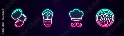 Set line Olives, Pope, Italian cook and Pizza. Glowing neon icon. Vector