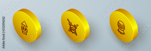 Set Isometric line Castle tower, Shield with swords and Medieval helmet icon. Vector