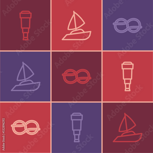 Set line Spyglass telescope lens, Nautical rope knots and Yacht sailboat icon. Vector