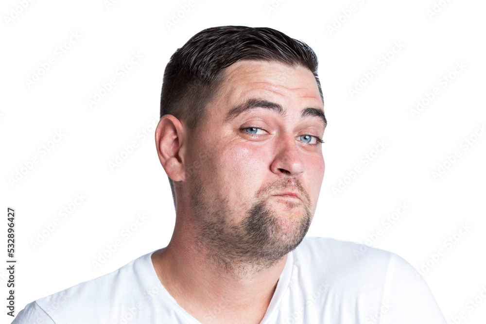 A handsome young man with a thoughtful doubt on his face. uncertainty and skepticism. Close-up. Isolated on white background. A handsome young man with a thoughtful doubt on his face. uncertainty and skepticism. Close-up. Isolated on white background.