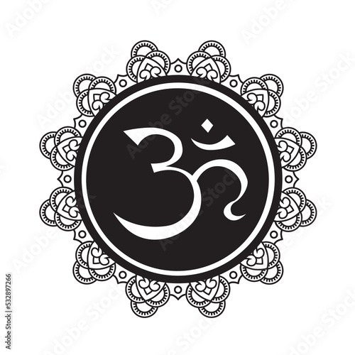 Circular pattern in form of mandala with flower Henna  Mehndi tattoo decoration. Decorative ornament in oriental style with ancient Hindu mantra OM. Outline doodle vector illustration.