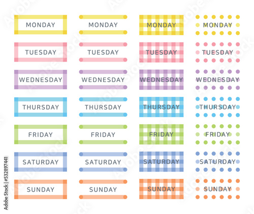 Set of colorful and abstract shaped day of the week label icon design. Point sticker to decorate diary, scheduler, calendar, planner.