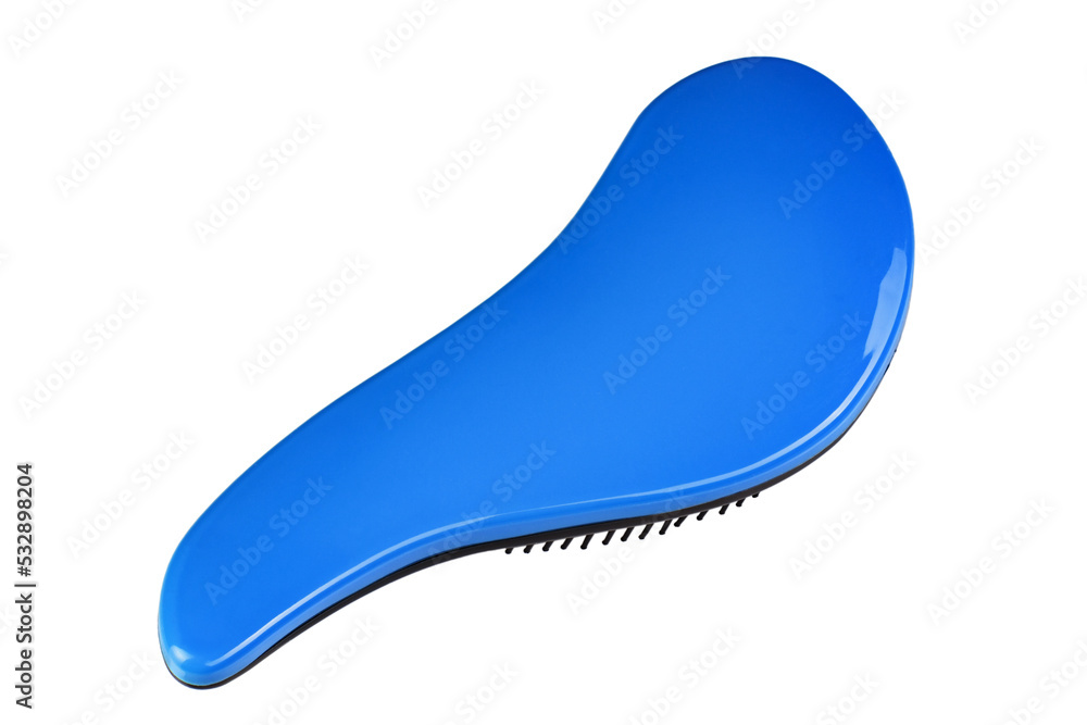 Blue hairbrush isolated on white background. Personal grooming accessory. File contains clipping path. Blue hairbrush isolated on white background. Personal grooming accessory. File contains clipping path.