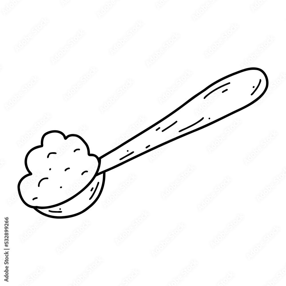 Doodle wooden spoon with flour. Sketch vector illustration of cereals, sugar, powder, coconut flakes Doodle wooden spoon with flour. Sketch vector illustration of cereals, sugar, powder, coconut flakes