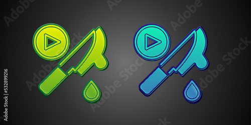 Green and blue Thriller movie icon isolated on black background. Bloody knife. Suspenseful cinema genre, survival horror. Shocking films with gore and violence. Vector