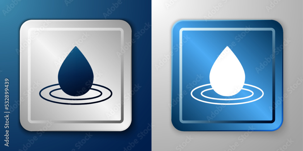 White Water drop icon isolated on blue and grey background. Silver and blue square button. Vector