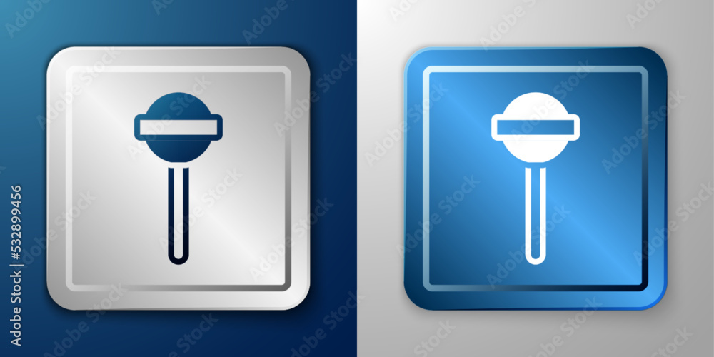 White Lollipop icon isolated on blue and grey background. Food, delicious symbol. Silver and blue square button. Vector White Lollipop icon isolated on blue and grey background. Food, delicious symbol. Silver and blue square button. Vector