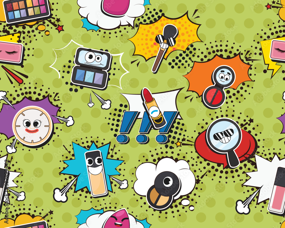 Vector flat seamless texture pattern Hand drawn flat trendy cartoon elements collection Make up accessories