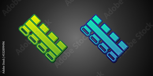 Green and blue Hunting cartridge belt with cartridges icon isolated on black background. Bandolier sign. Hunter equipment, armament. Vector