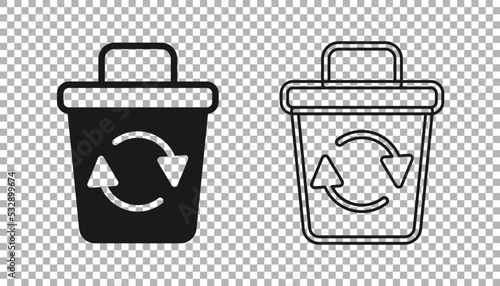 Black Recycle bin with recycle symbol icon isolated on transparent background. Trash can icon. Garbage bin sign. Recycle basket sign. Vector