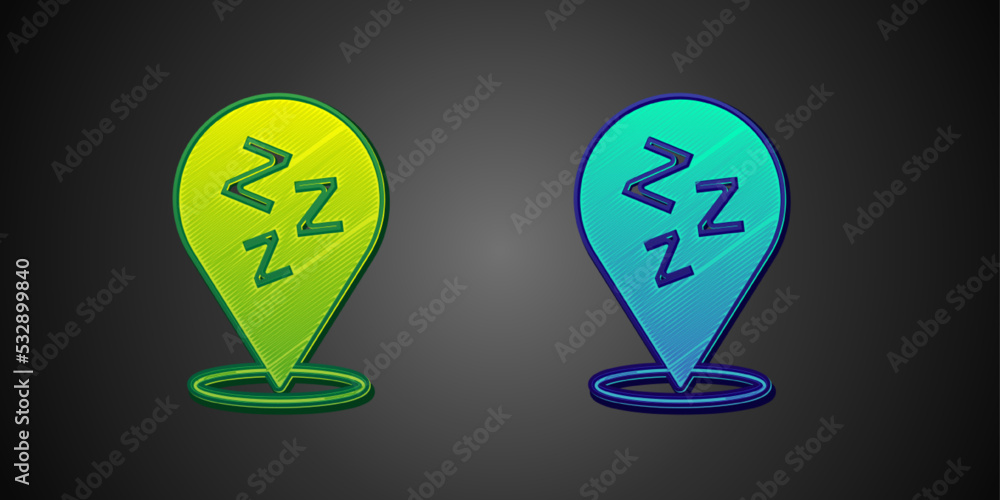 Green and blue Sleepy icon isolated on black background. Sleepy zzz talk bubble. Vector Green and blue Sleepy icon isolated on black background. Sleepy zzz talk bubble. Vector