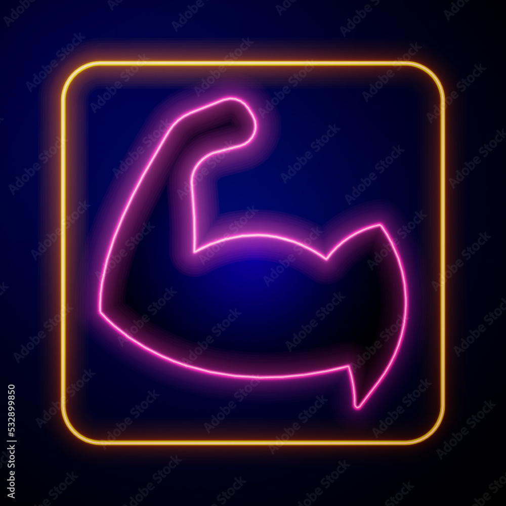 Glowing neon Bodybuilder showing his muscles icon isolated on black background. Fit fitness strength health hobby concept. Vector Glowing neon Bodybuilder showing his muscles icon isolated on black background. Fit fitness strength health hobby concept. Vector