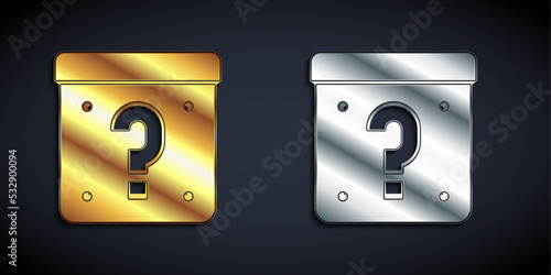 Gold and silver Mystery box or random loot box for games icon isolated on black background. Question mark. Unknown surprise box. Long shadow style. Vector