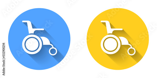 White Wheelchair for disabled person icon isolated with long shadow background. Circle button. Vector