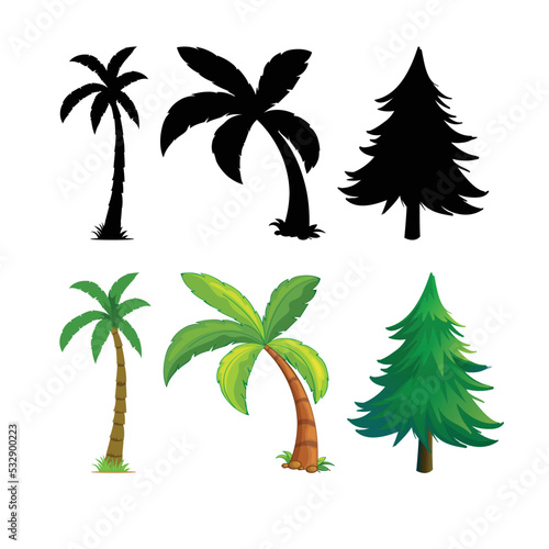 Set of plant and tree with its silhouette icon vector