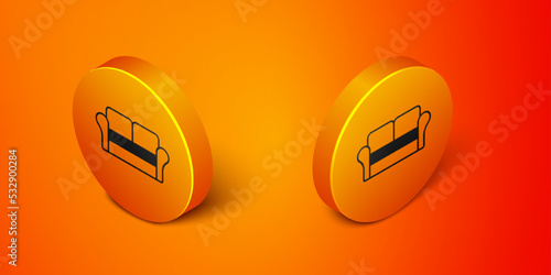 Isometric Sofa icon isolated on orange background. Orange circle button. Vector