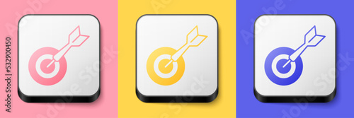 Isometric Classic dart board and arrow icon isolated on pink, yellow and blue background. Dartboard sign. Game concept. Square button. Vector