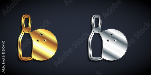 Gold and silver Bowling pin and ball icon isolated on black background. Sport equipment. Long shadow style. Vector