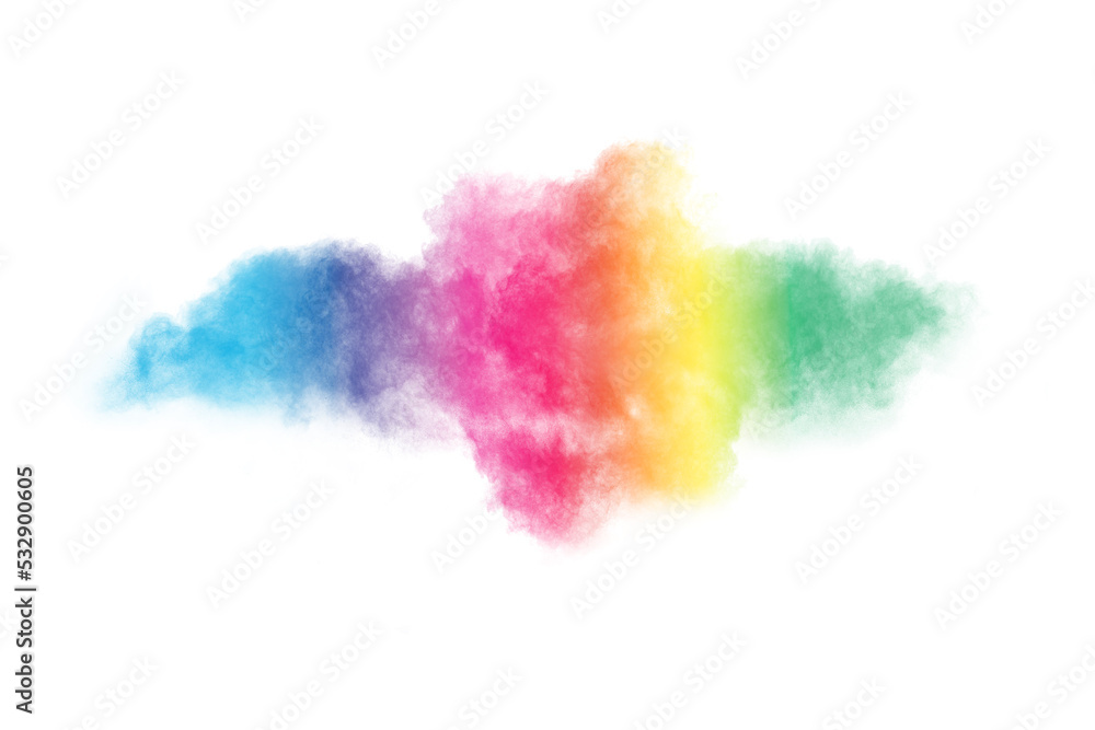Abstract multicolor powder explosion. Closeup of color  dust particle splash isolated on white  background