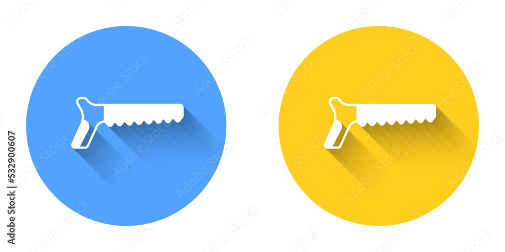 White Hand saw icon isolated with long shadow background. Circle button. Vector White Hand saw icon isolated with long shadow background. Circle button. Vector