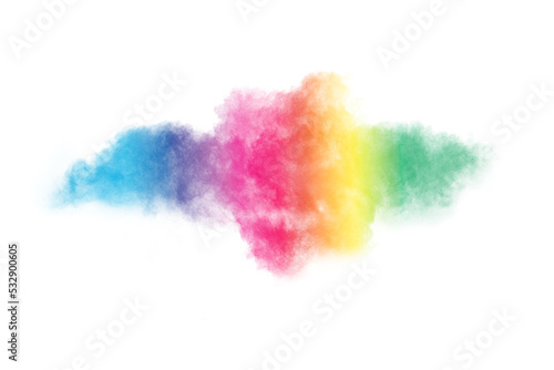 Abstract multicolor powder explosion. Closeup of color dust particle splash isolated on white background