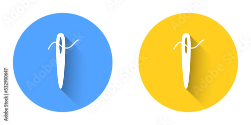 White Needle for sewing with thread icon isolated with long shadow background. Tailor symbol. Textile sew up craft sign. Embroidery tool. Circle button. Vector
