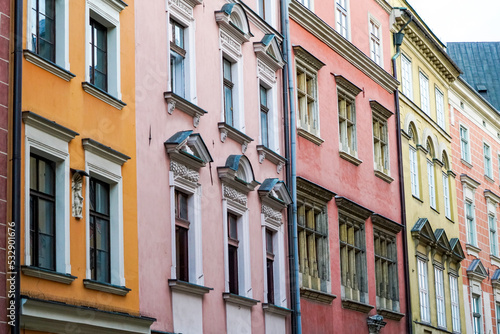 Building facades in pastel colours, Krakow, Poland