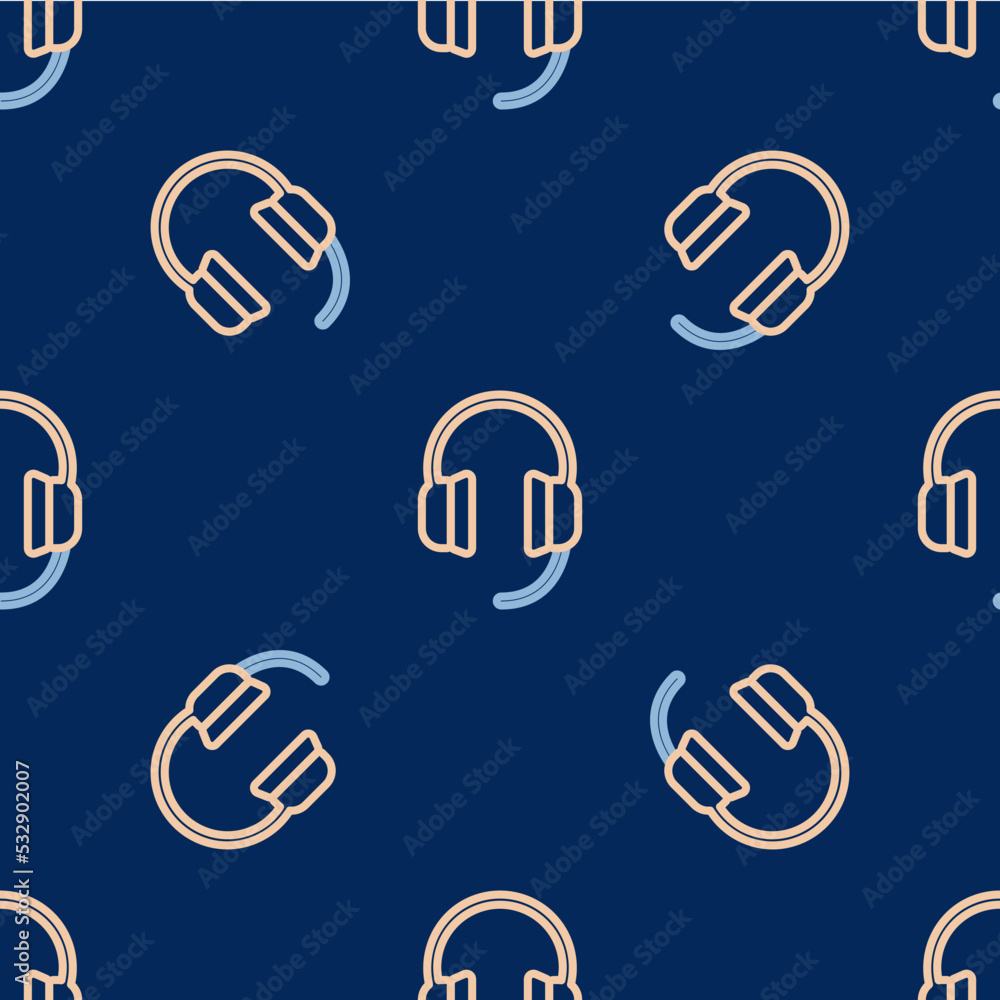 Line Headphones icon isolated seamless pattern on blue background. Earphones. Concept for listening to music, service, communication and operator. Vector Line Headphones icon isolated seamless pattern on blue background. Earphones. Concept for listening to music, service, communication and operator. Vector