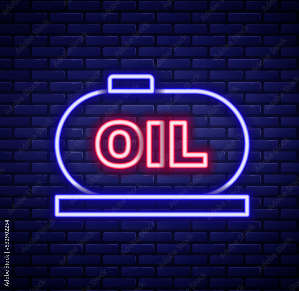 Obraz premium Glowing neon line Oil tank storage icon isolated on brick wall background. Vessel tank for oil and gas industrial. Oil tank technology station. Colorful outline concept. Vector